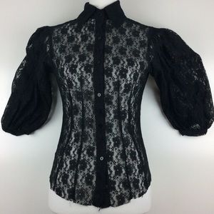 Ballon Sleeve Lace Button Down Shirt