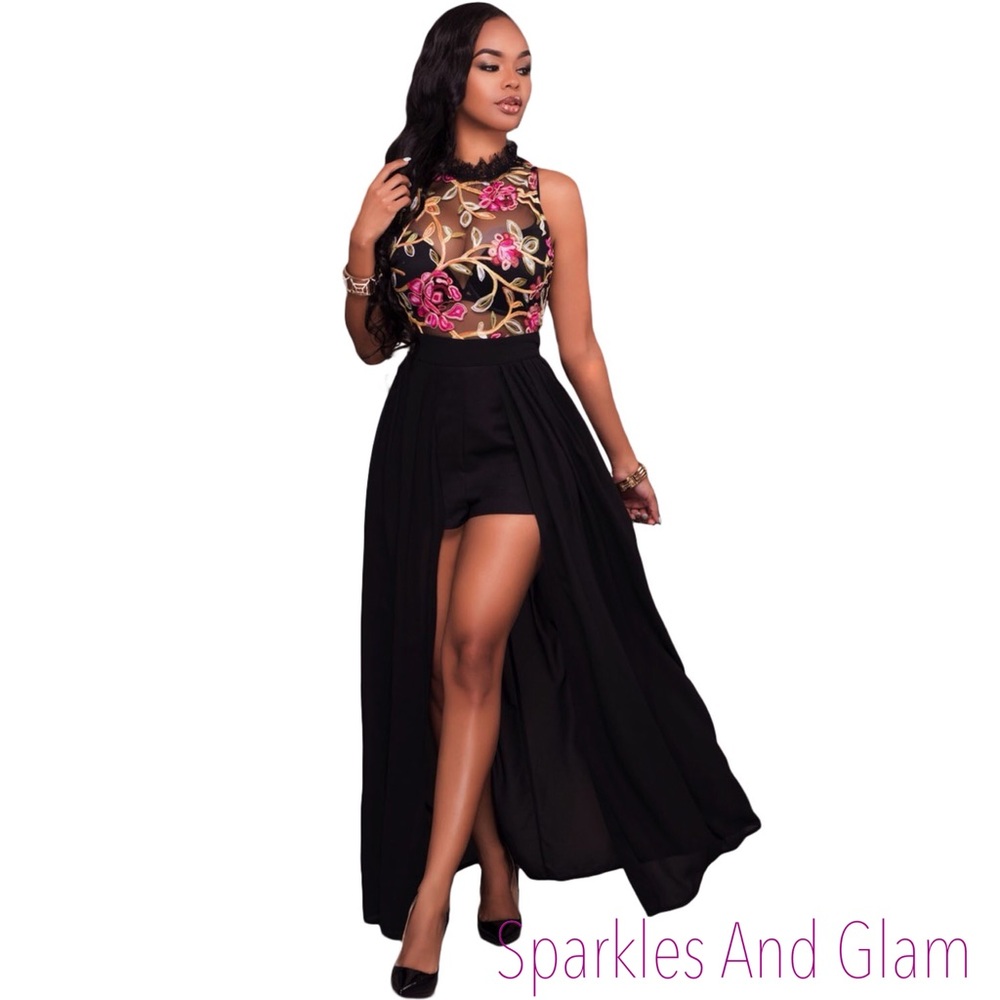 SALE!! Black Sheer Embroidery Chiffon Romper Dress - Picture 2 of 7