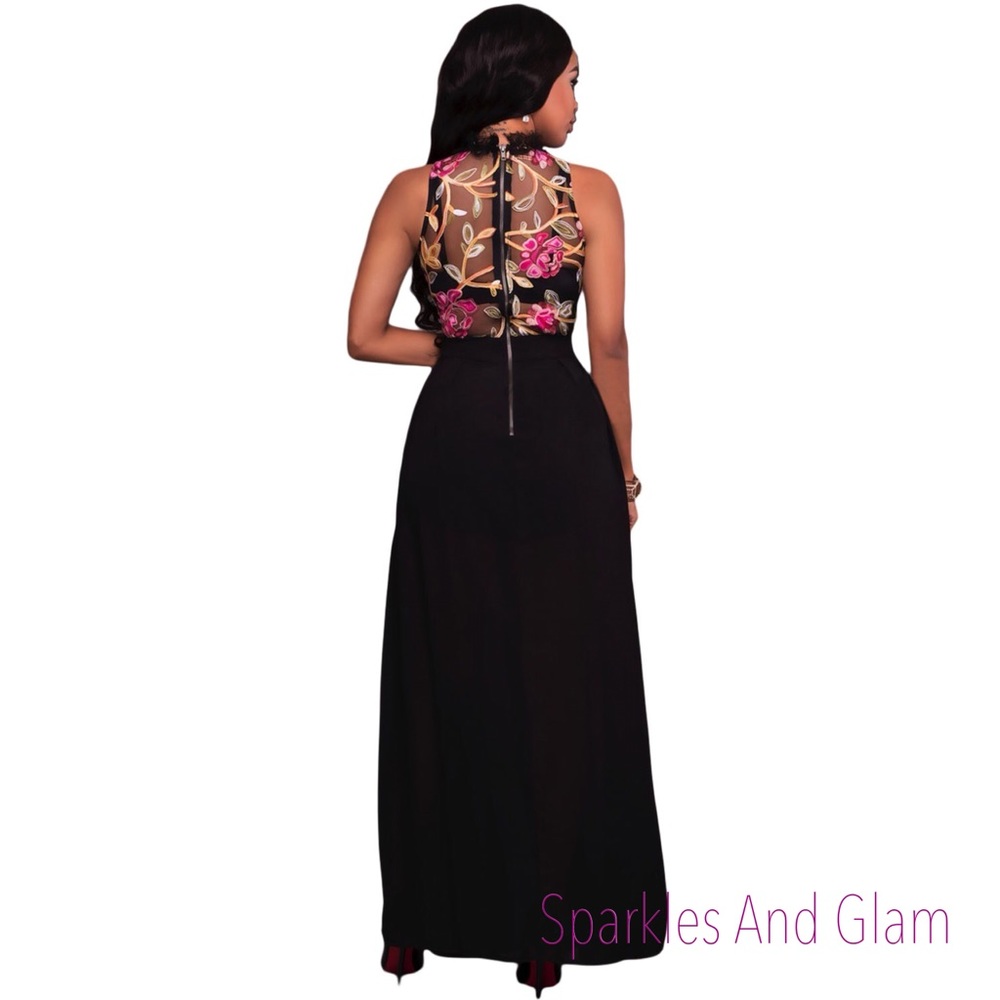SALE!! Black Sheer Embroidery Chiffon Romper Dress - Picture 3 of 7