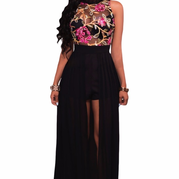 SALE!! Black Sheer Embroidery Chiffon Romper Dress - Picture 5 of 7