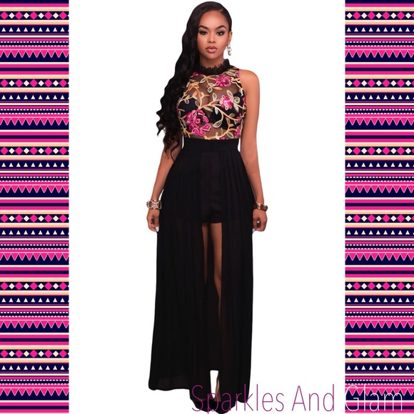 Dresses & Skirts - SALE!! Black Sheer Embroidery Chiffon Romper Dress
