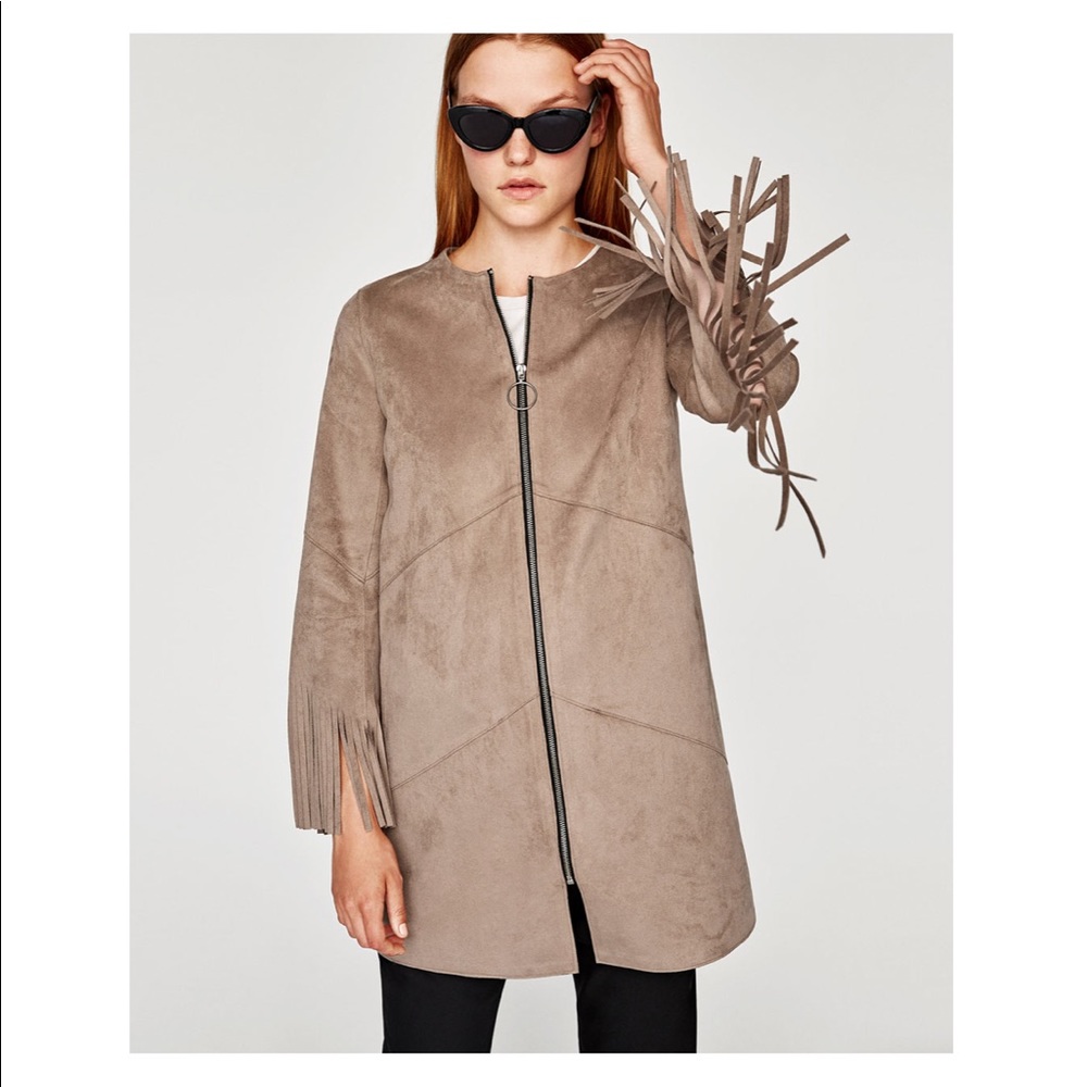 Faux suede coat with fringe sleeves