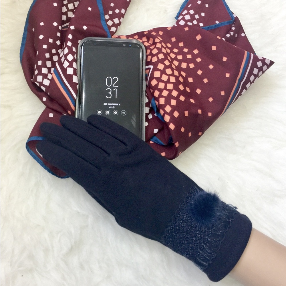 Navy Lace & Pom Pom Accent Touch Screen Gloves
