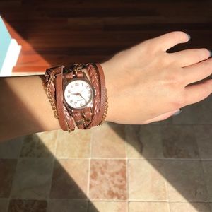 Brown and gold leather wrap around watch