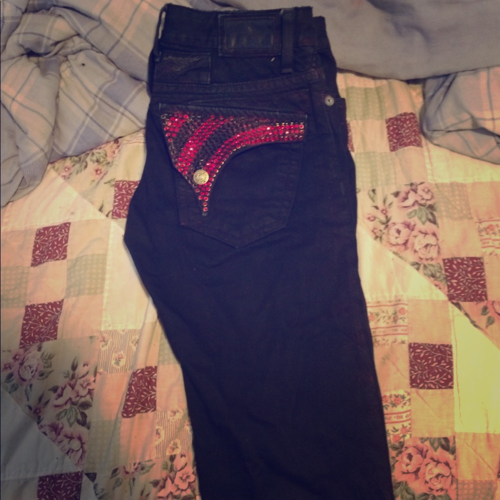 Red & black robin jeans