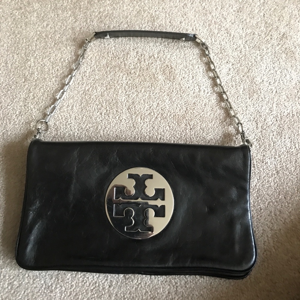 Auth Tory Burch Reva Clutch-Black and silver