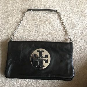 Auth Tory Burch Reva Clutch-Black and silver