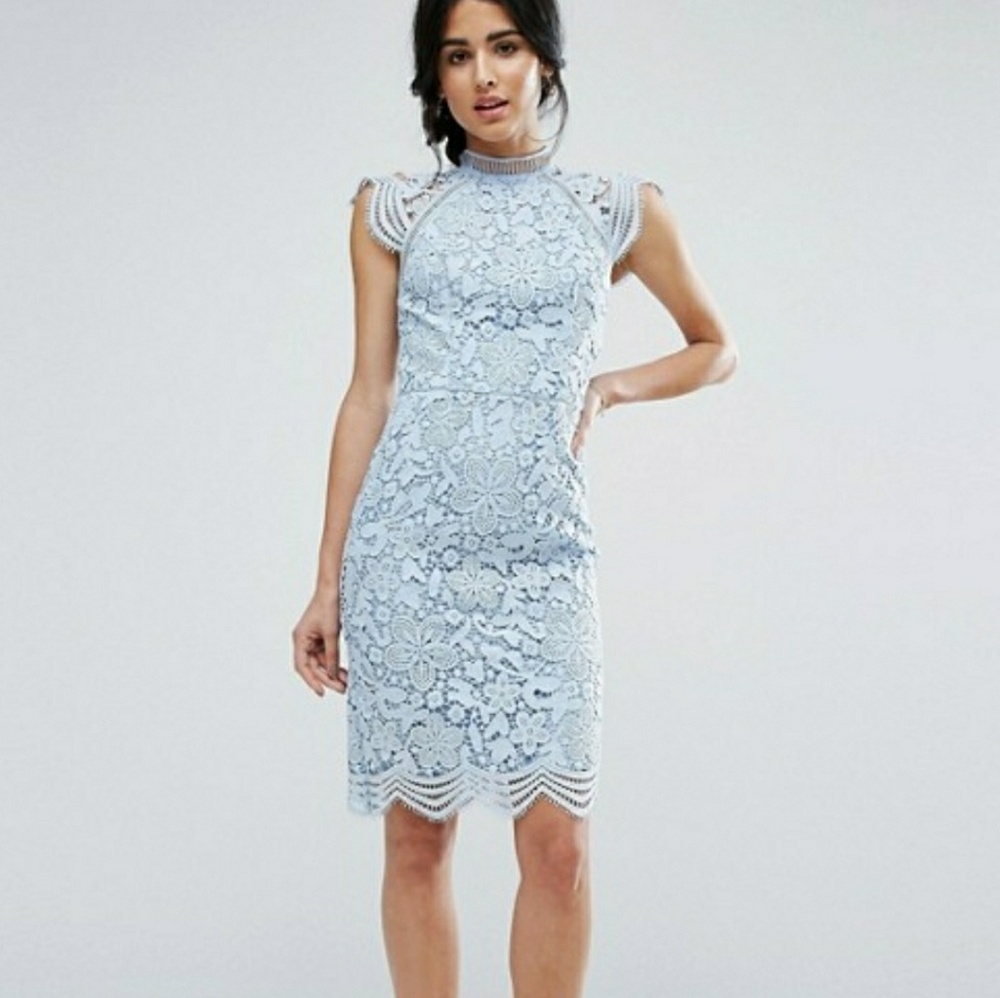 Blue Lace Scallop Pencil Dress Chi Chi London