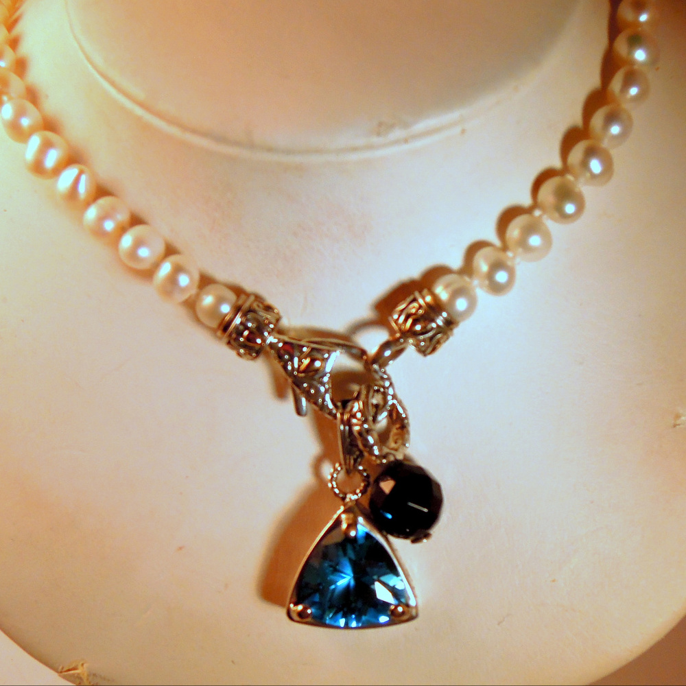 Freshwater Pearl Blue topaz,Onyx charm necklace