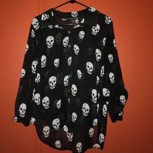 Black Skull Sheer Button Up Blouse 3/4 Sleeve