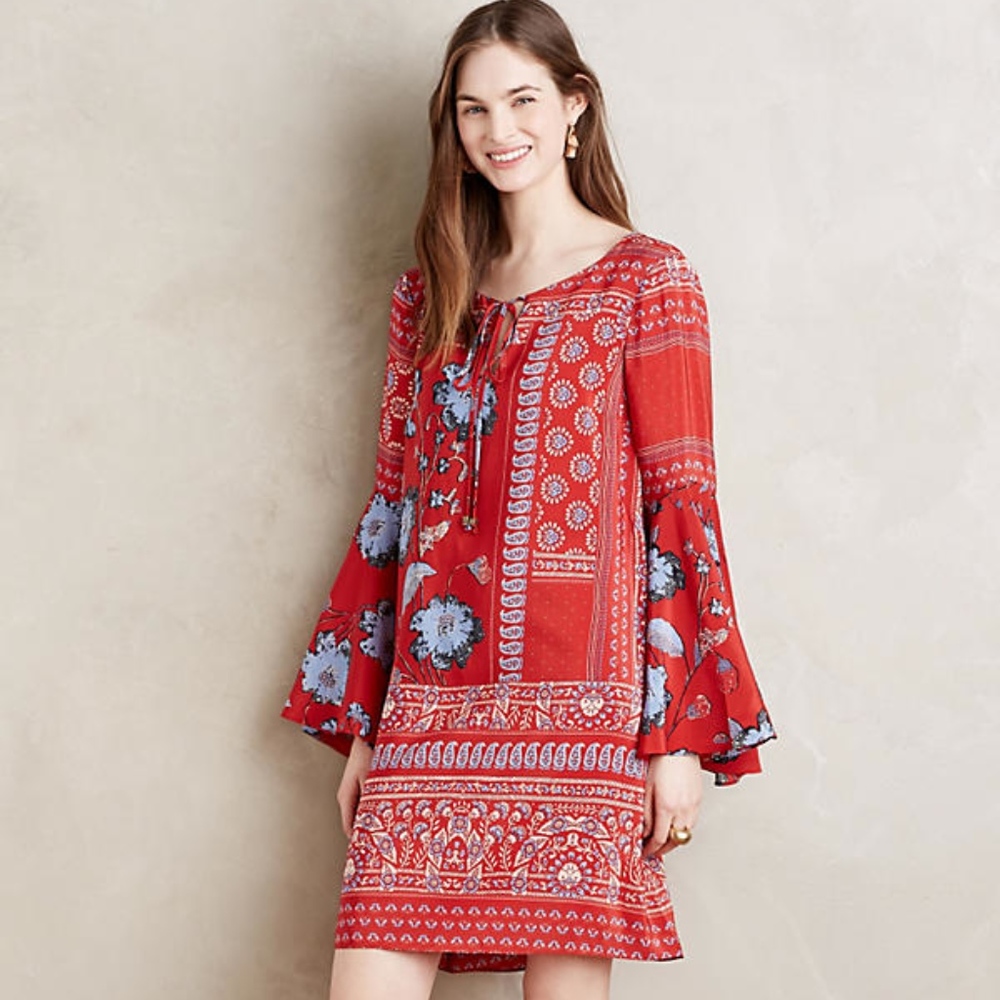 Belled Silk Peasant Dress