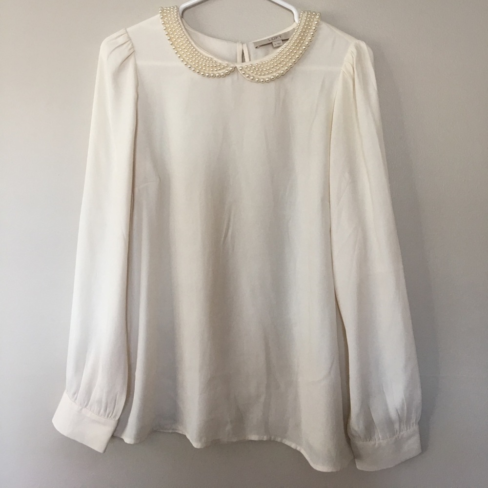 Cream Blouse with Pearl-adorned Collar