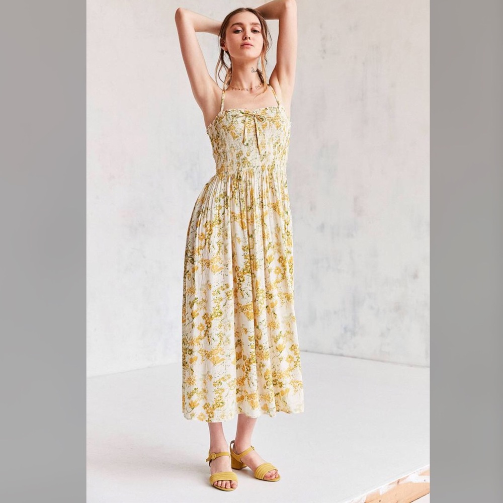 Kimchi Blue Smocked Midi Dress Yellow Floral UO