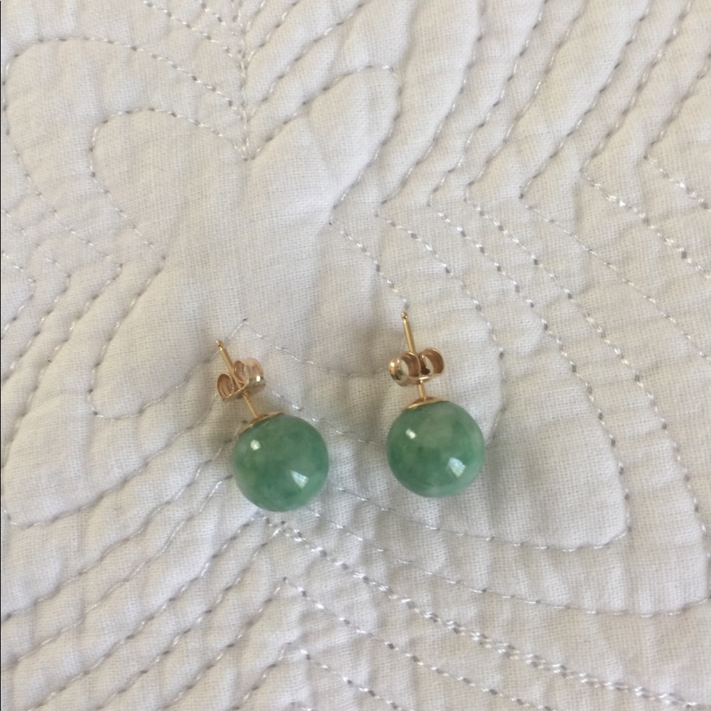 Green round marble earrings 14k backs