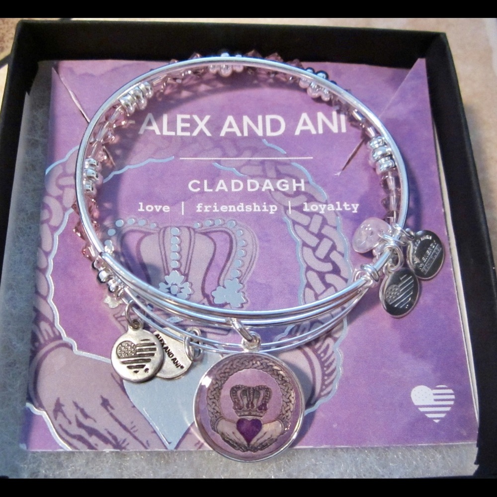 New Alex and Ani Claddagh Purple Silver Bangle Set
