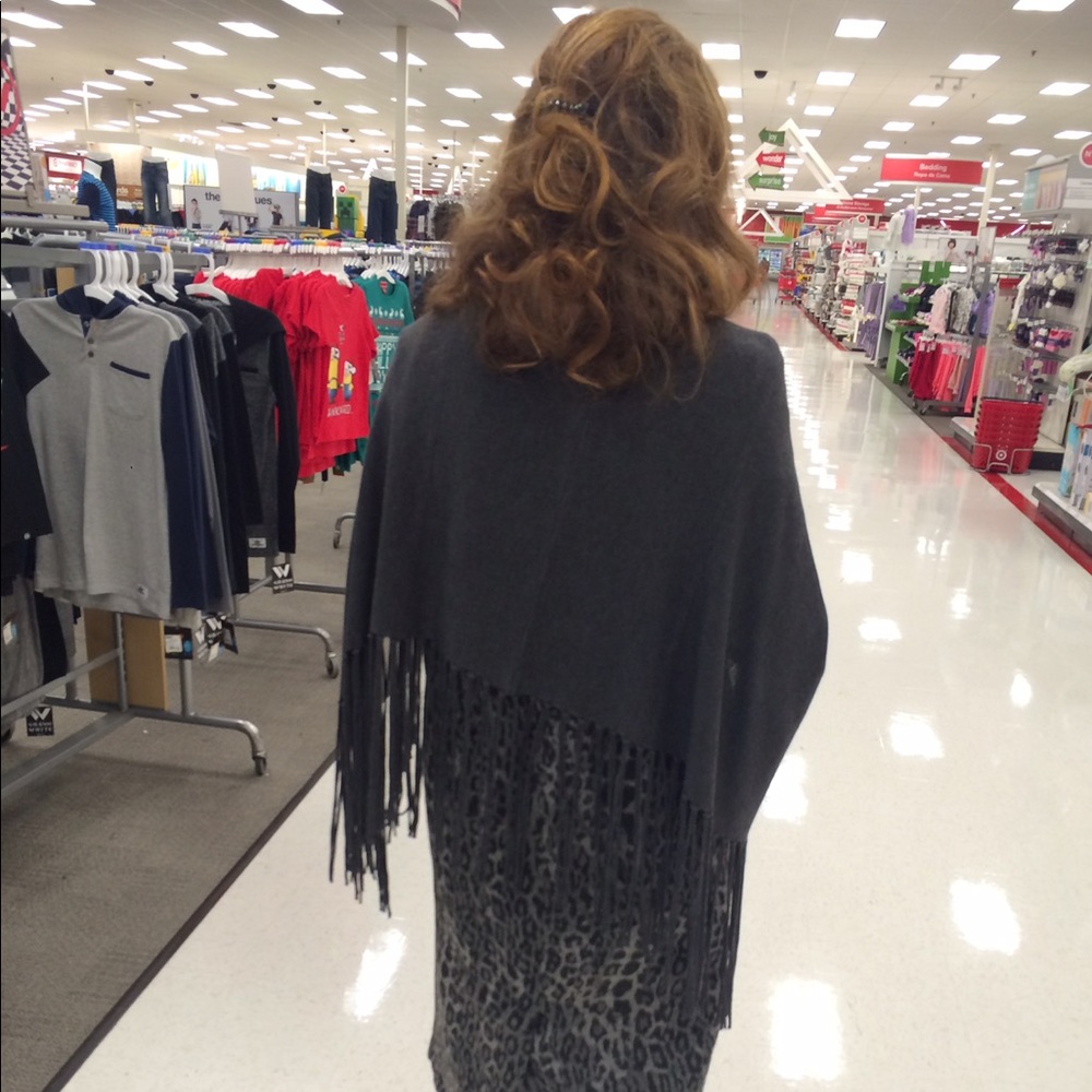 Gray poncho with fringe