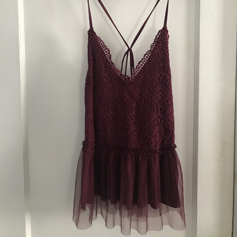 NWT Crotched maroon tulle tank