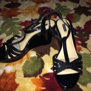 Black patent rhinestone wedges