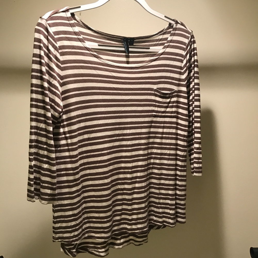 3/4 sleeve brown and white striped shirt