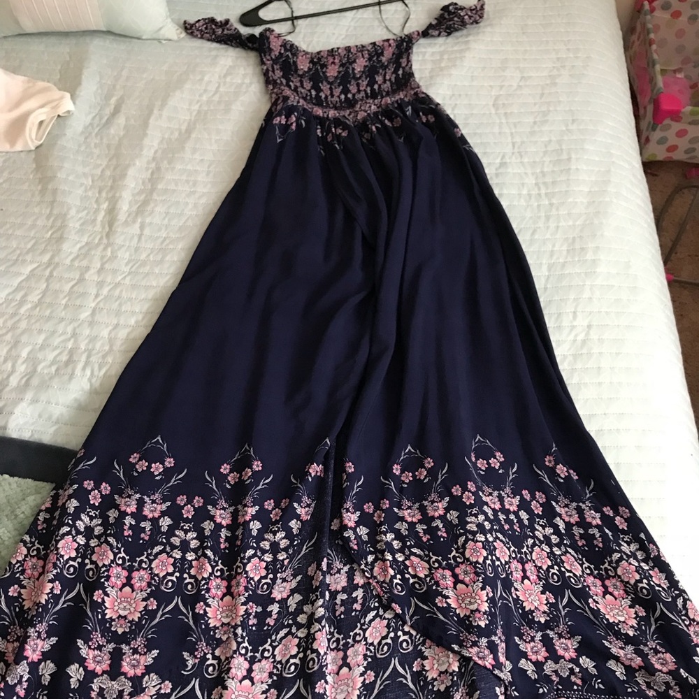 Long off the shoulder navy floral dress