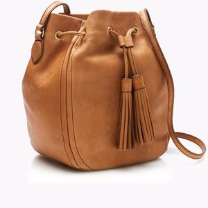 J. Crew Tassel Bucket Bag in Tan Pebbled Leather