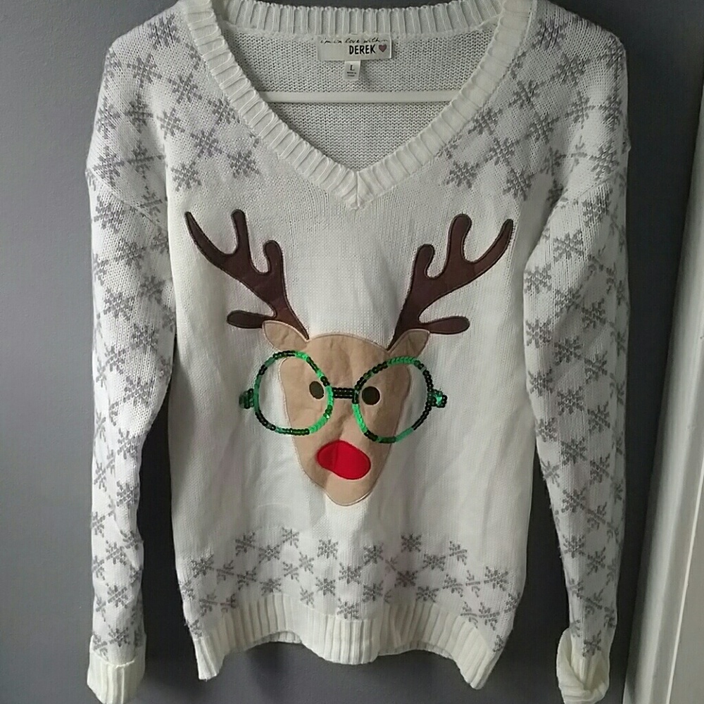 Cute christmas sweater, rudolph with glasses.
