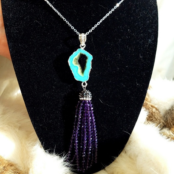 ❤️SOLD❤️Mint Green Druzy Agate w Amythest Tassel - Picture 2 of 4