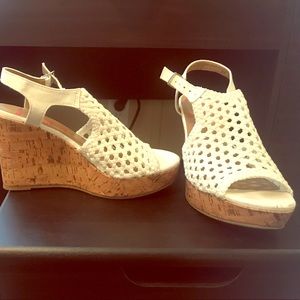 white open toe wedges, lightly worn!