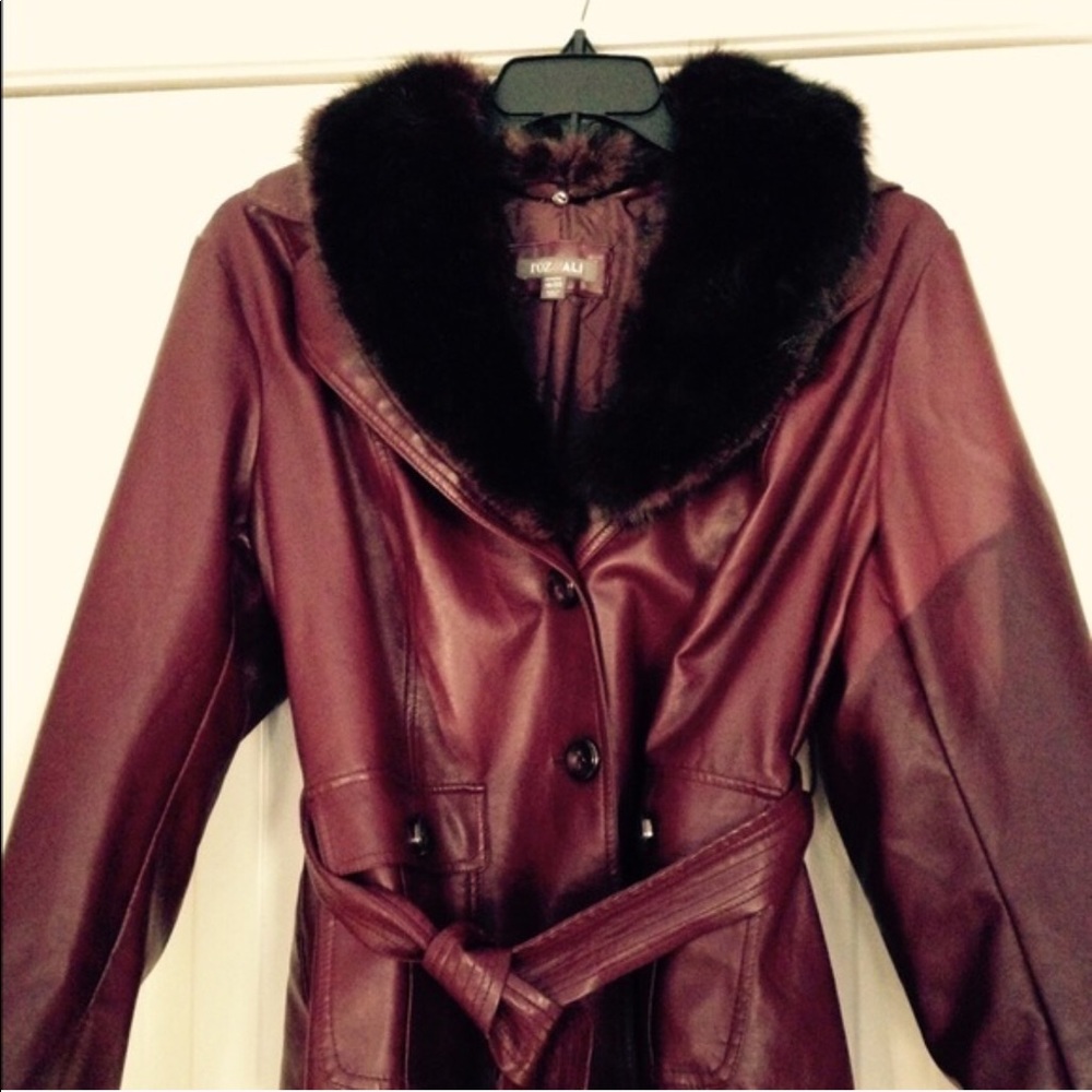 Faux leather jacket with detachable fur collar
