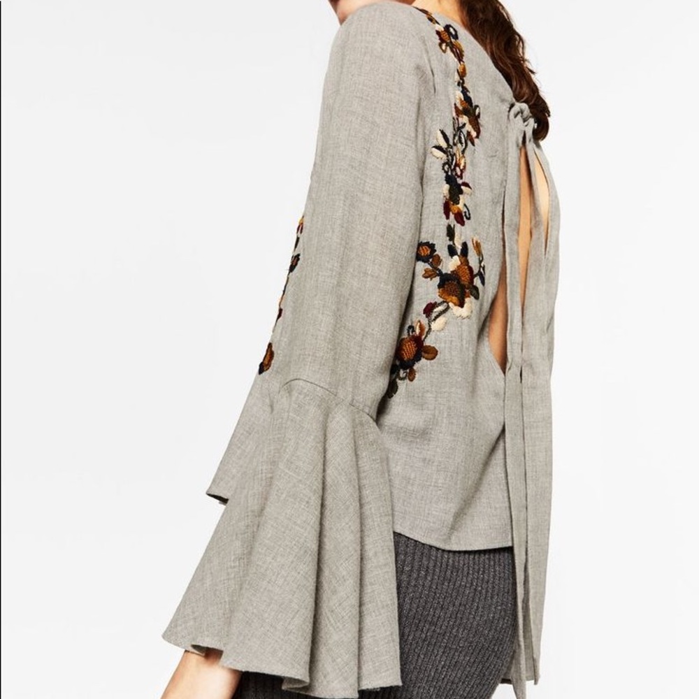 Zara embroidered frill sleeve top.