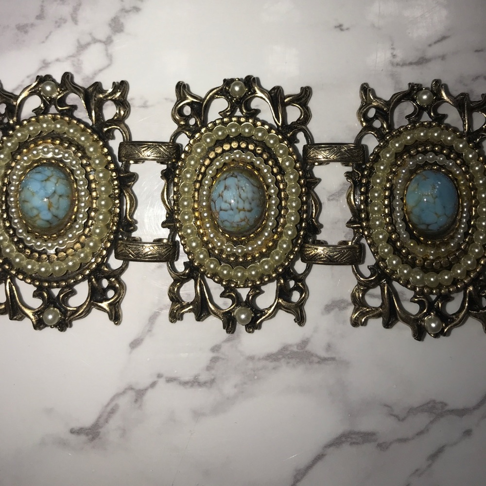 Vintage Gold and Teal  Turquoise Pearl bracelet - Picture 5 of 6