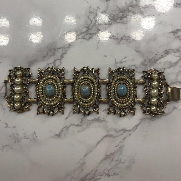 Vintage Gold and Teal  Turquoise Pearl bracelet - Picture 4 of 6
