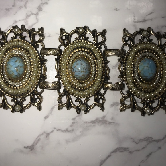 Vintage Gold and Teal  Turquoise Pearl bracelet - Picture 5 of 6