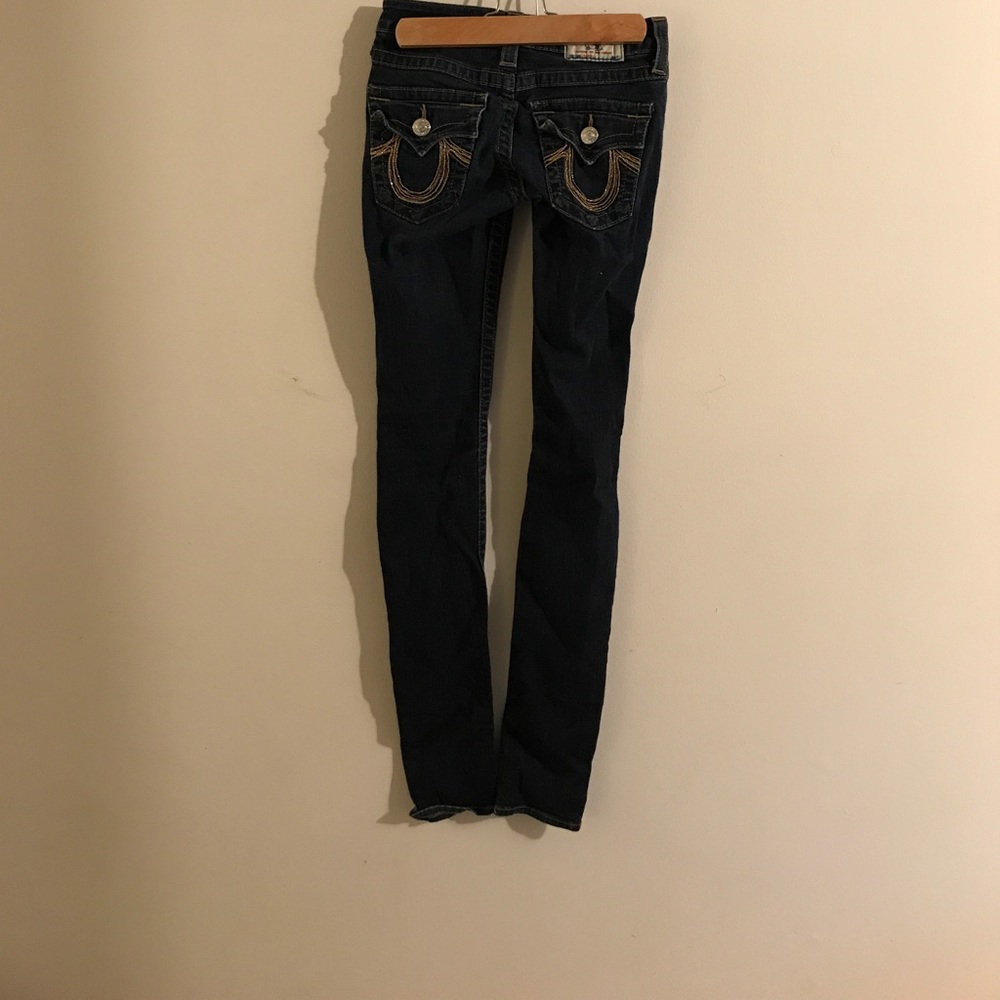True Religion Dark Wash Skinny Jeans Gold Pockets