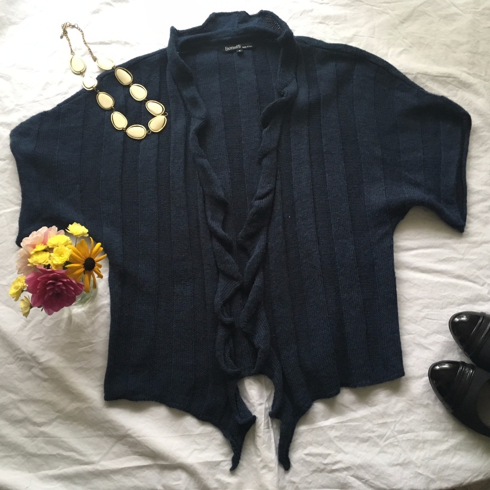Berretti Italian Made Navy Cardigan, Ruffle Front