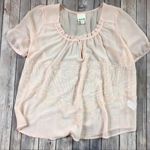YaYa Nom de Plume Sheer Blouse Pink Embroidered