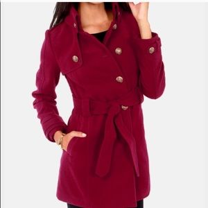 BB Dakota by Jack Camelot Wine Red Belted Pea Coat