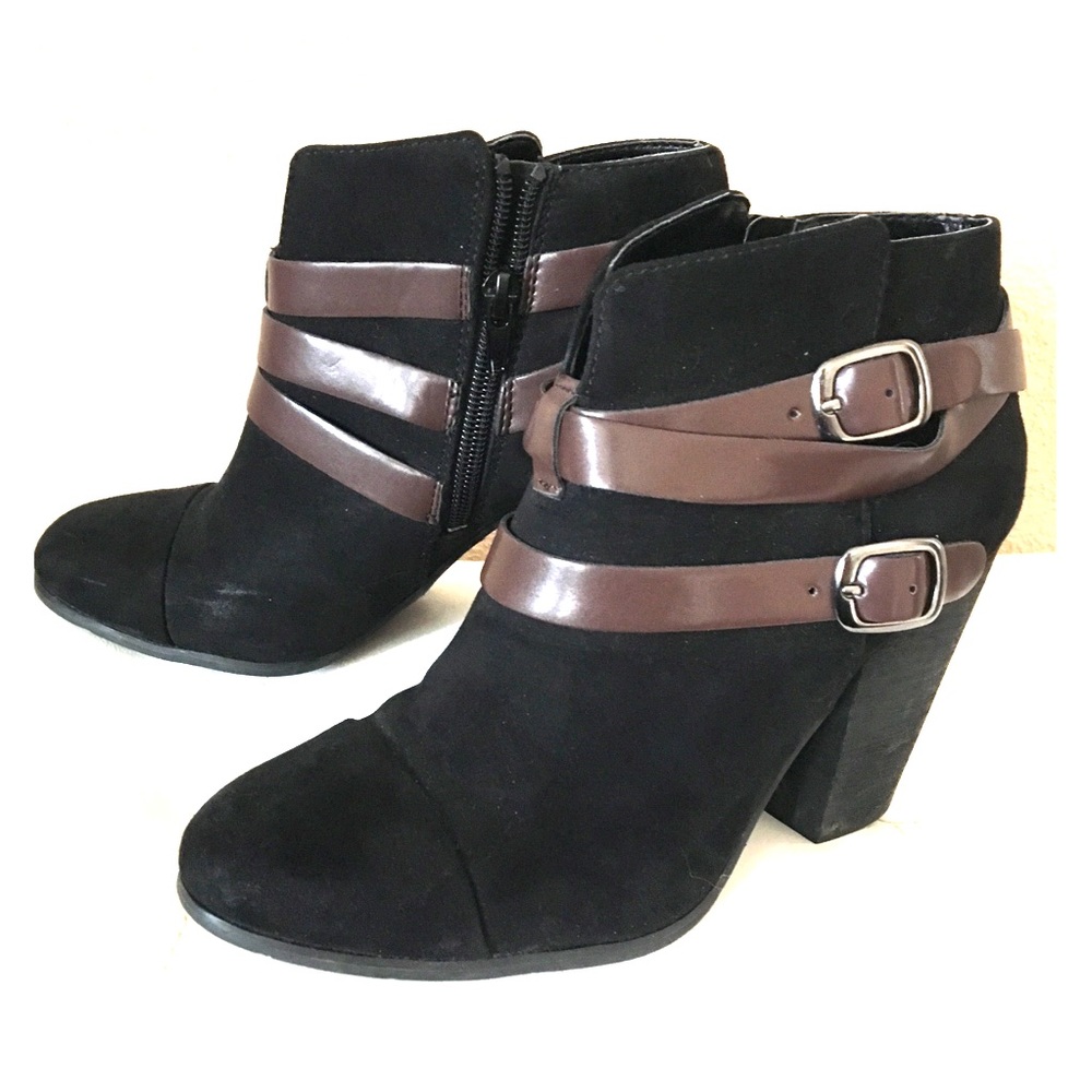 Black suede heeled booties size 7.5