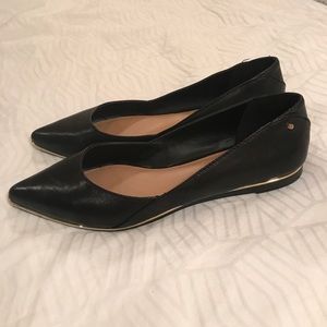 Black leather pointed toe flats, size 8