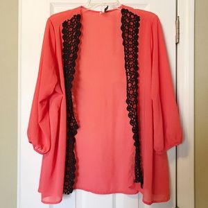 Coral open cardigan with crochet detail