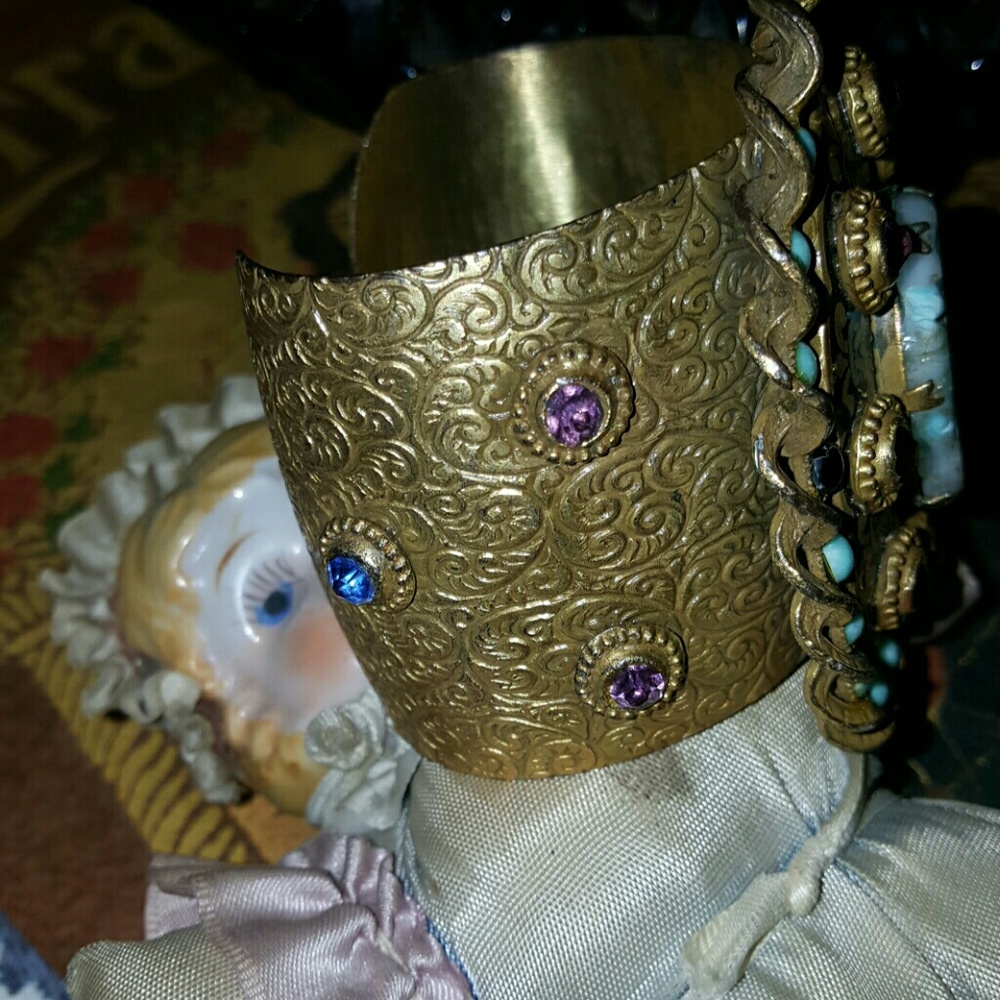 Antique brass & glass enamel fleur-de-lis bracelet - Picture 2 of 4