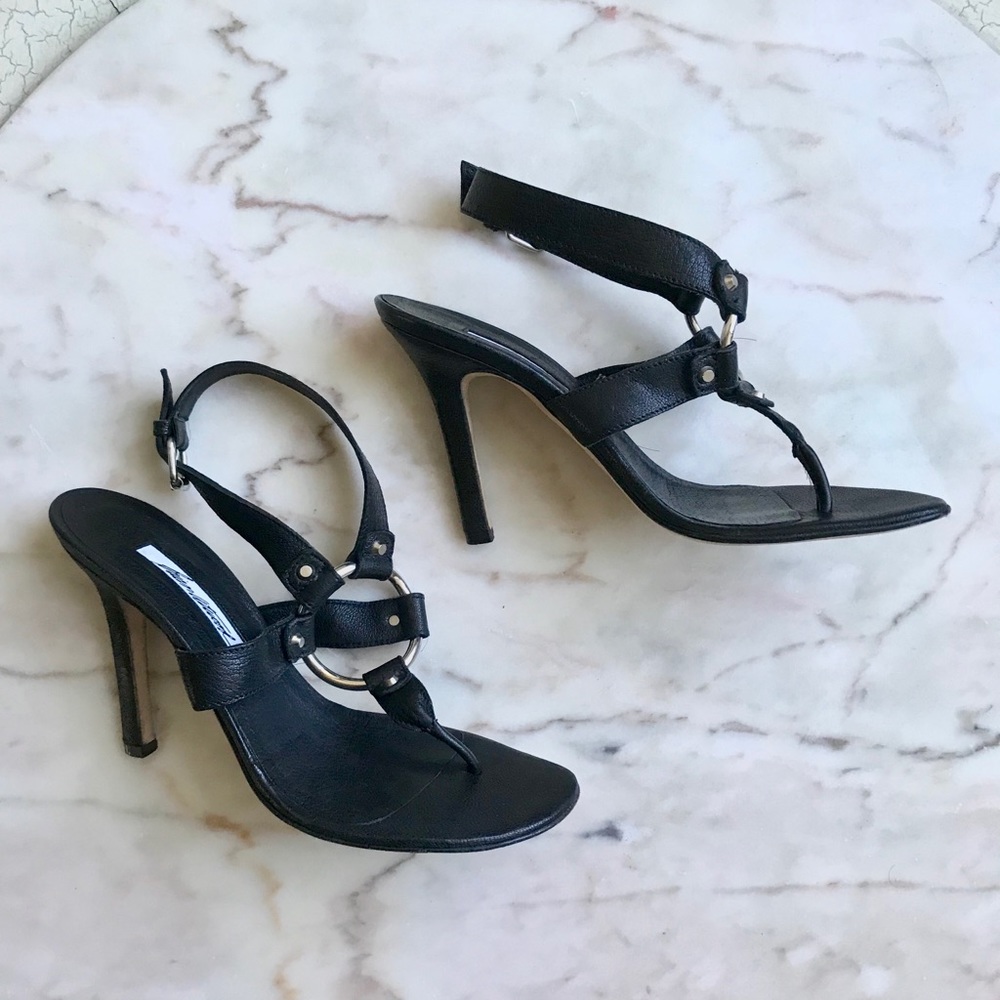 Brian Atwood black leather harness heels sz 37.5