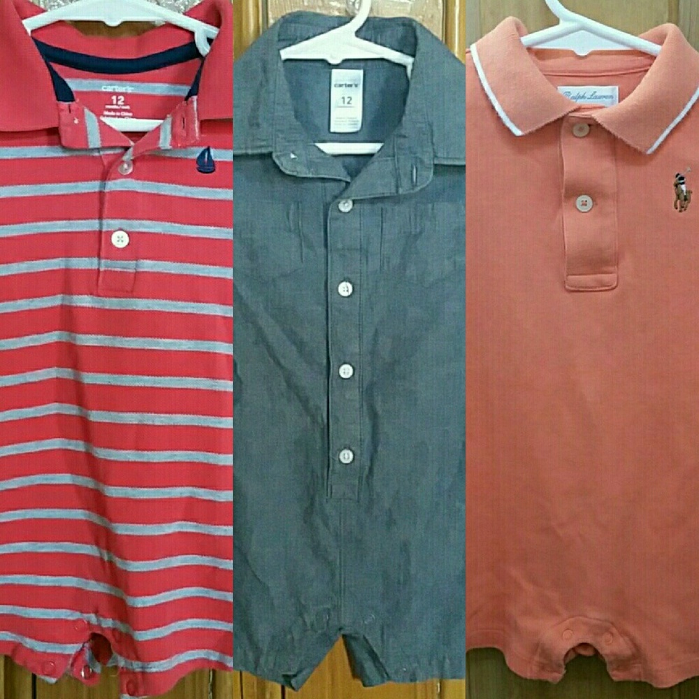 3 Rompers: 2 Coral + 1 Denim by Carter's. Size 12M