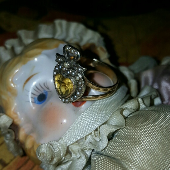 Georgian 1820's seed pearl heart & bow 14kt ring - Picture 2 of 4