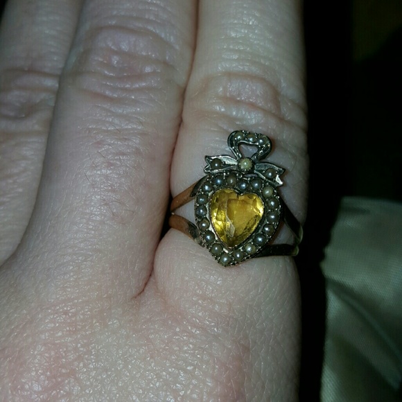 Georgian 1820's seed pearl heart & bow 14kt ring - Picture 4 of 4