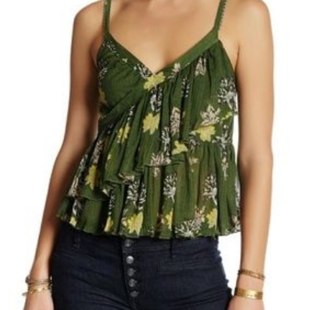Free People Green Floral Ruffled Tank