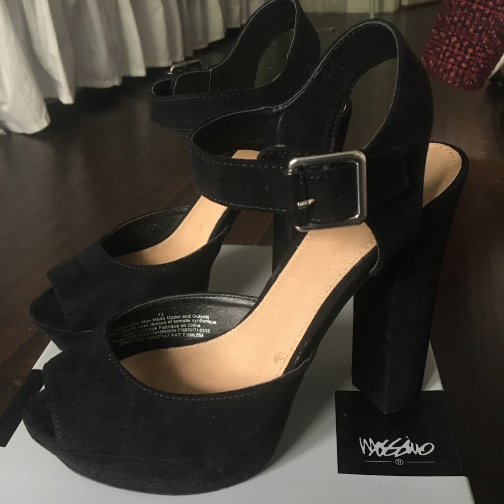 Black faux velvet platform heels