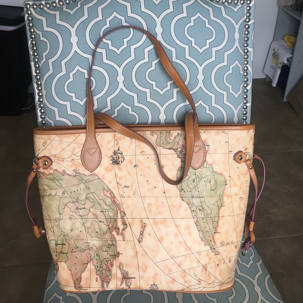 Leather traveling tote - world map