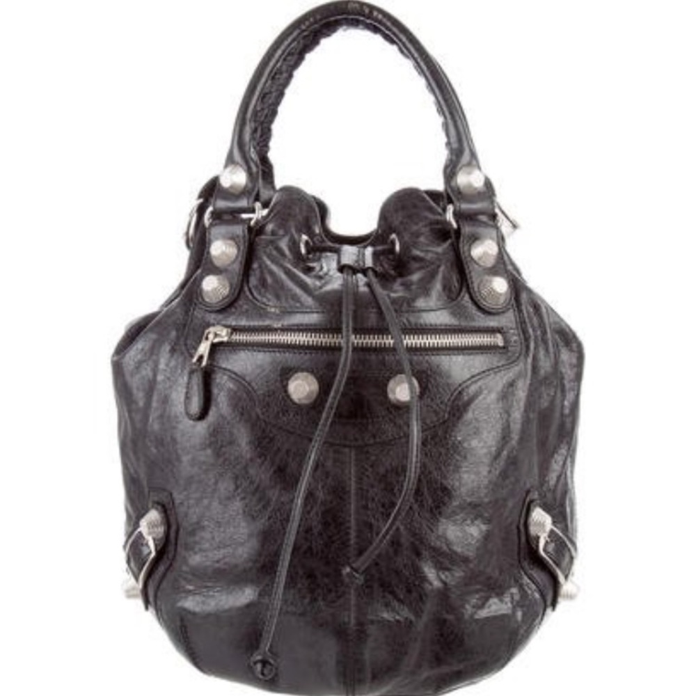 Authentic Balenciaga Large Black Leather Pom Pom