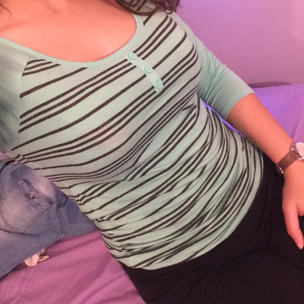 Mint green top with gray stripes